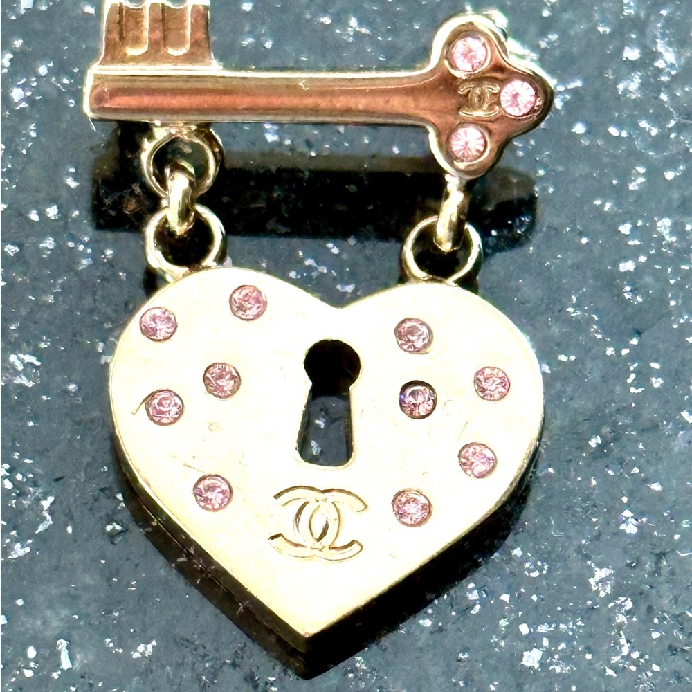 Authentic Chanel Gold Heart Lock and Key Brooch with Pink Accents